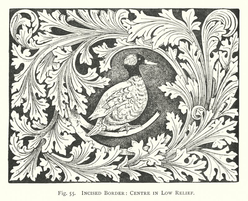 Wood carving: Incised border, centre in low relief (engraving) by English School