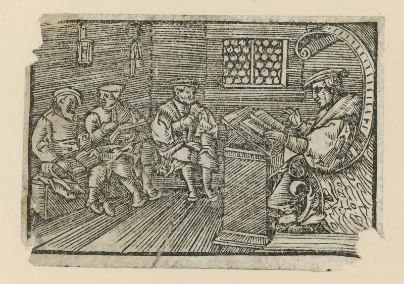 Woodcut depicting a teacher by English School