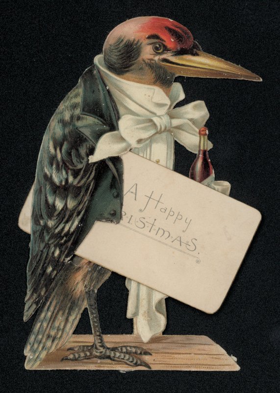 Woodpecker dressed as a waiter or butler, Christmas greetings card by English School