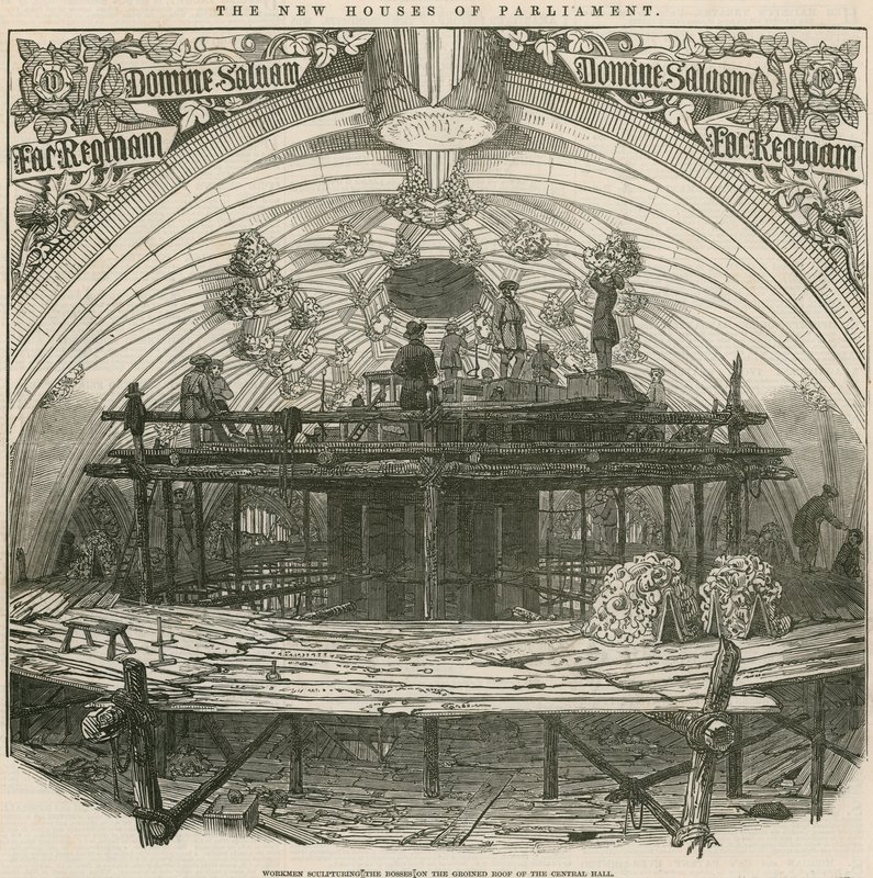 Workmen Sculpturing the Bosses on the Groined Roof of the Central Hall by English School