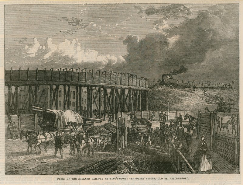 Works on the Midland Railway at Kings Cross, London; temporary bridge, Old St Pancras Road by English School