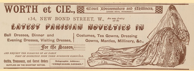Worth et Cie, 134 New Bond Street, London, advertisement by English School