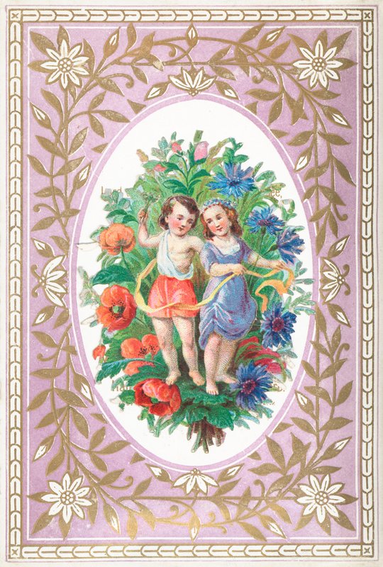 Young Girl and Boy with flowers and ribbons by English School
