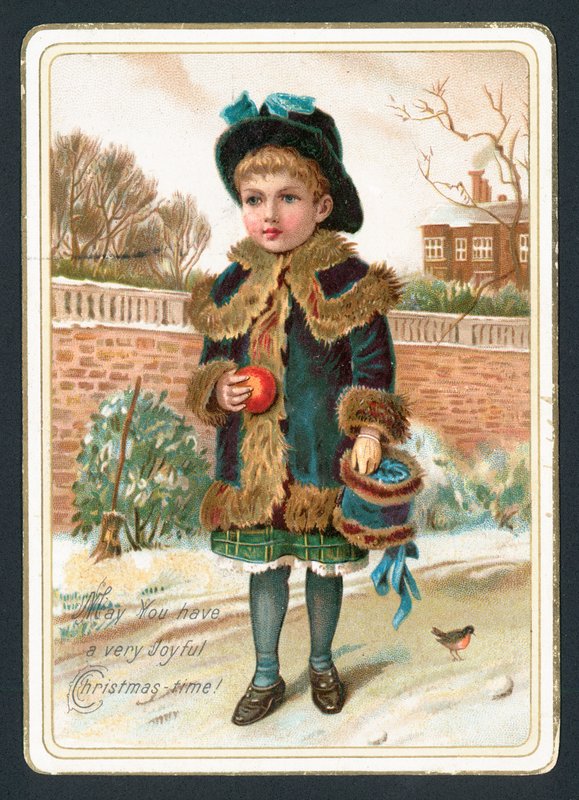 Young Girl holding fur muff and apple by English School