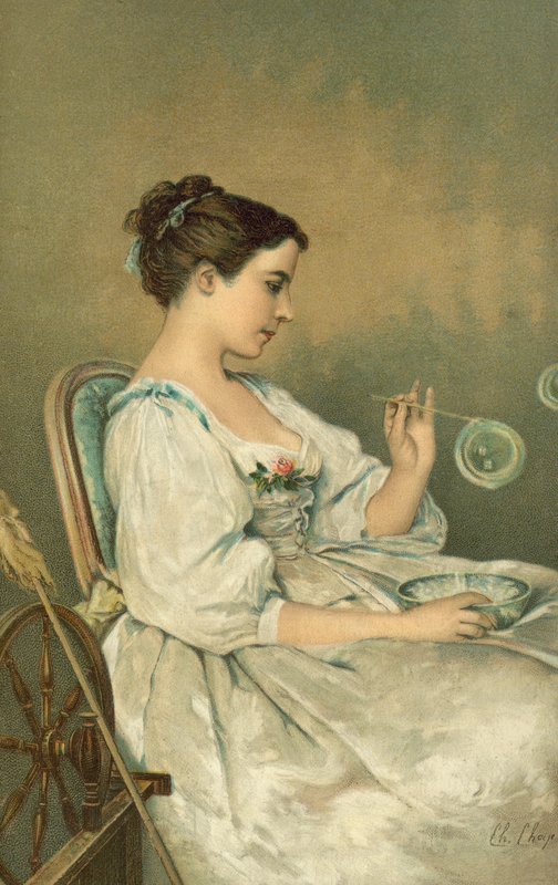 Young woman blowing bubbles by English School