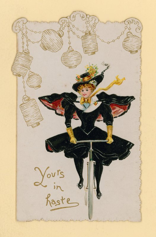 Yours in Haste Card, with Girl on Bicycle by English School
