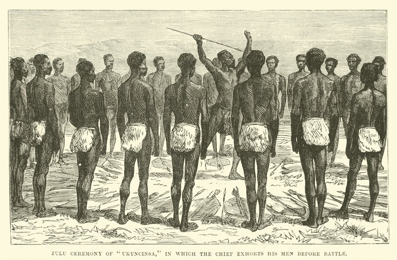 Zulu Ceremony of Ukuncinsa, in Which the Chief Exhorts His Men Before Battle by English School