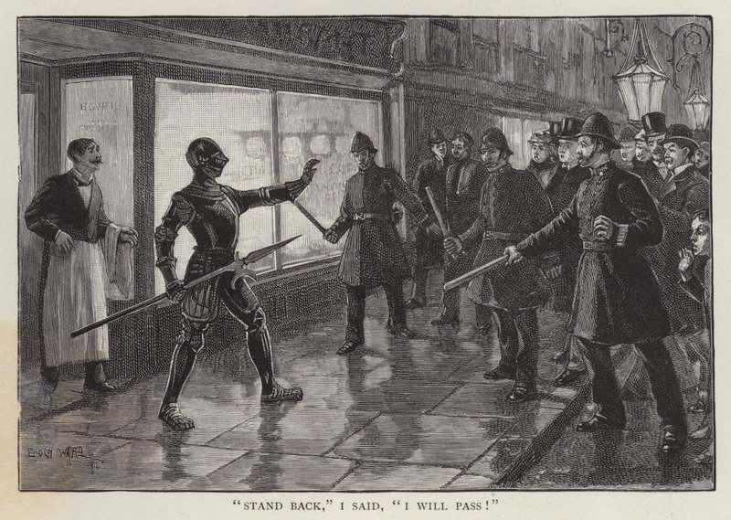 Policemen confronted by a man wearing a suit of medieval armour on a London street by Enoch Ward