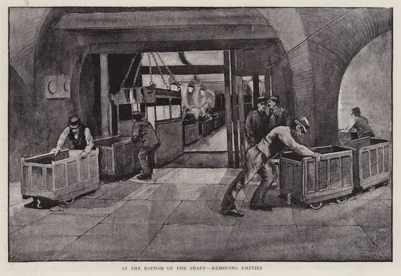 Removing empty coal trucks at the bottom of a mine shaft by Enoch Ward