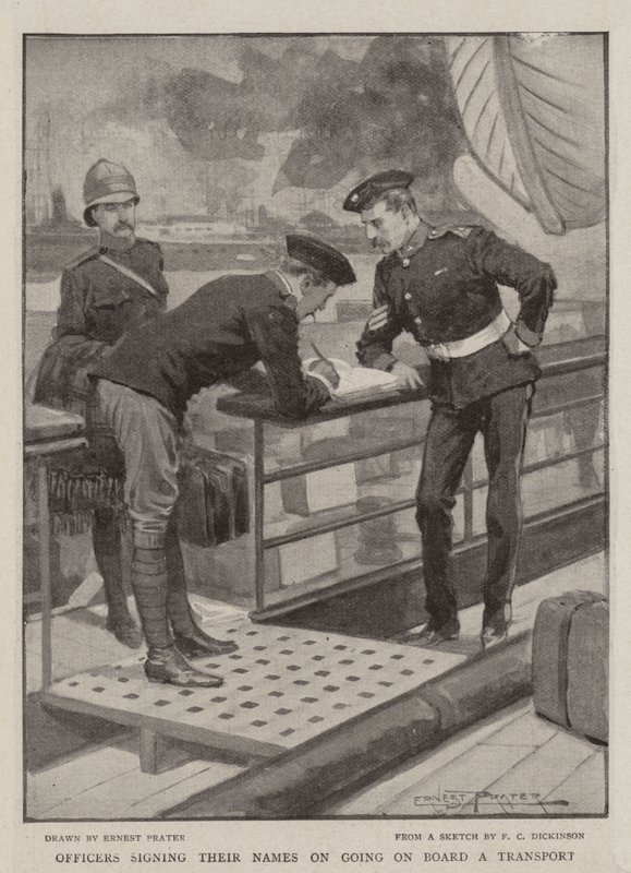 Officers signing their Names on going on Board a Transport by Ernest Prater