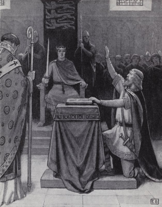 Harold Godwinson swearing an oath on sacred relics to support William, Duke of Normandy