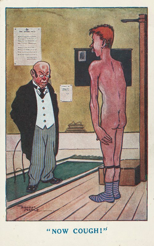 Doctor asking a naked man to cough during a medical examination by Ernest (after) Noble