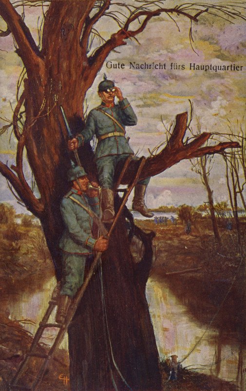 Good News for Headquarters, German soldiers observing the battlefield and reporting to Headquarters via a field telephone, World War I, 1915 by Ernst Heilemann
