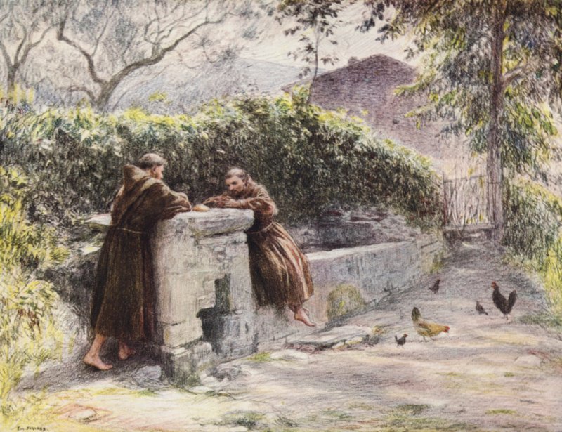 The Repast of St Francis and Friar Masseo at the Fountain, St Francis Praises Poverty by Eugene (after) Burnand