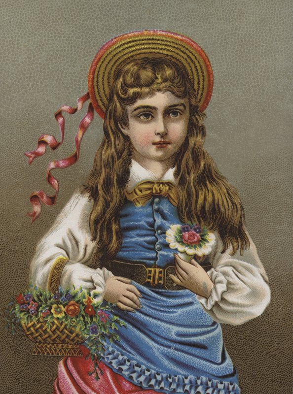 Serious-looking girl, holding a posy of flowers by European School