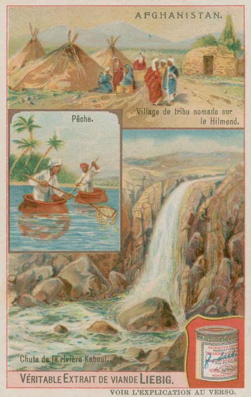 A Waterfall of the Kabul River with Fishermen and a Nomadic Tribal Village in Helmand by European School