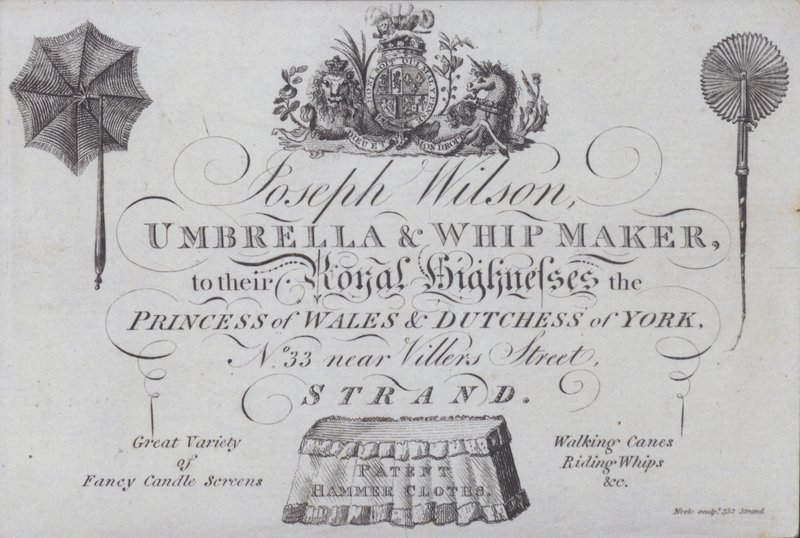 Advertisement for Joseph Wilson, umbrella and whip maker, London by European School