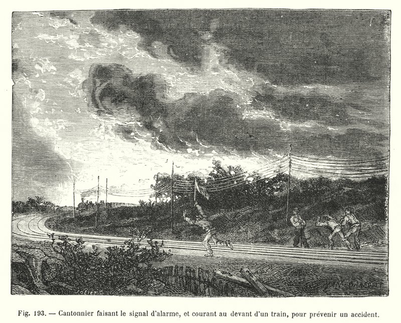 Road Worker Giving Alarm Signal and Running Ahead of a Train to Prevent an Accident (engraving) by European School