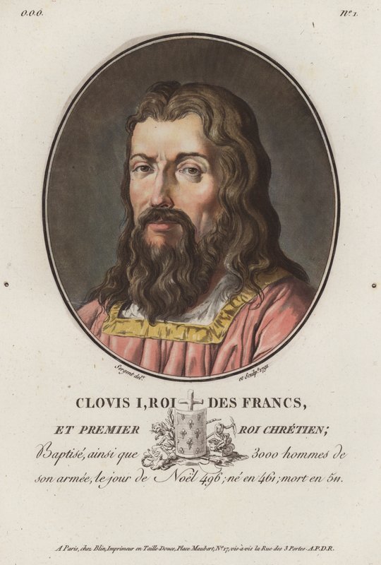 Clovis I, King of the Franks (coloured engraving) by European School