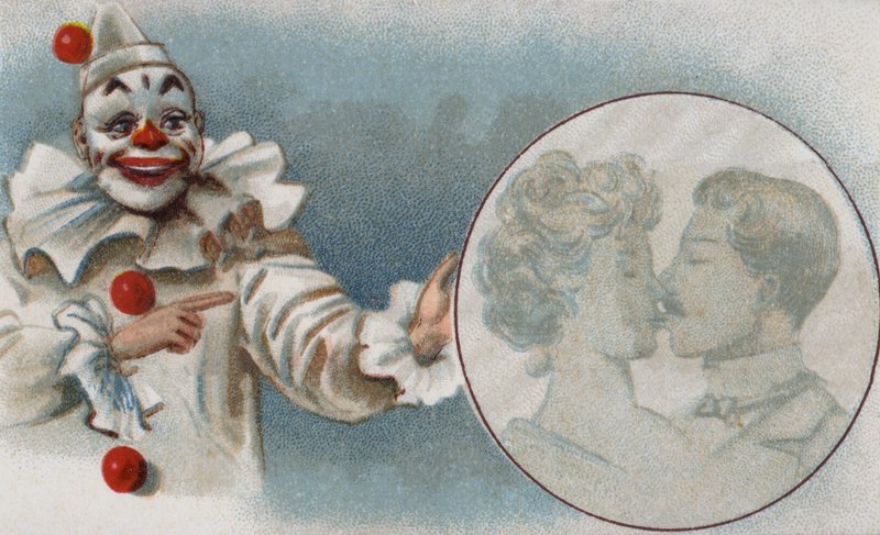 Clown watching a couple kissing by European School