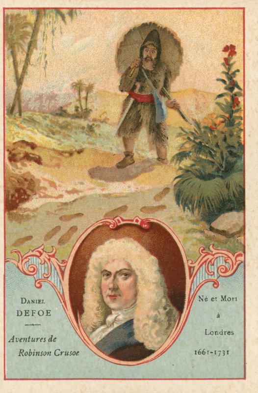 Daniel Defoe, English Novelist, and a Scene from Robinson Crusoe by European School