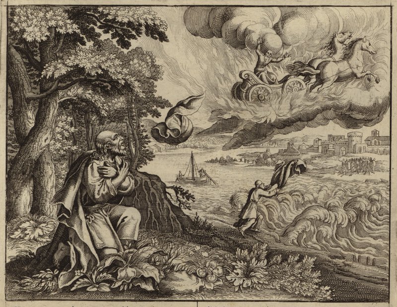 Elisha watching his father Elijah being carried to Heaven by a whirlwind by European School