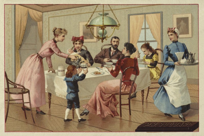 Family drinking chocolate by European School