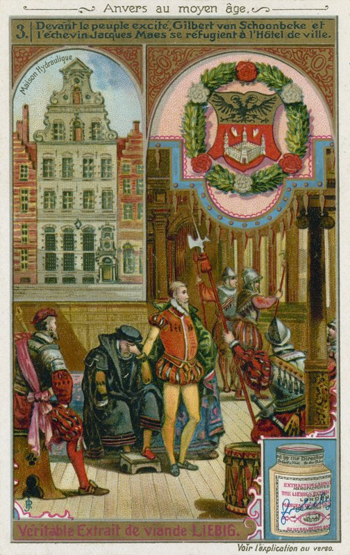 Gilbert van Schoonbeke and Pensionary Jacob Maes take refuge from the populace in the City Hall, 16th Century by European School
