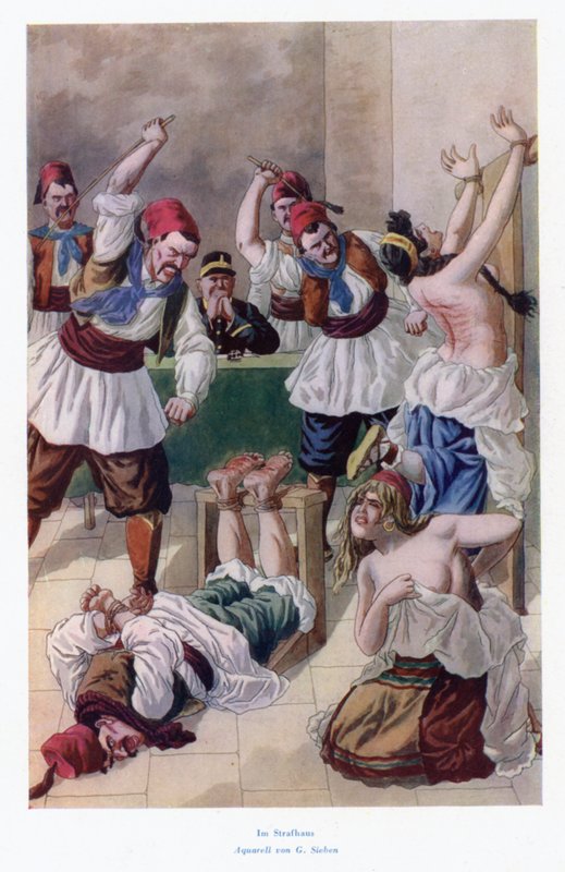 In the House of Punishment: Two Women and a Man Being Beaten by European School