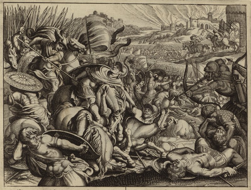 Israelites defeating the Benjamites and burning their city by European School