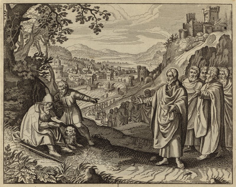 Jesus Christ restoring the sight of a blind beggar by European School