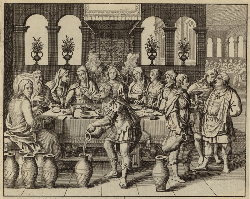 Jesus Christ turning water into wine at the wedding in Cana by European School
