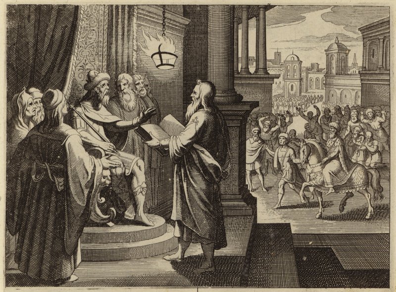 King Ahasuerus Ordering the Book Chronicling His Reign to Be Brought and Read to Him by European School