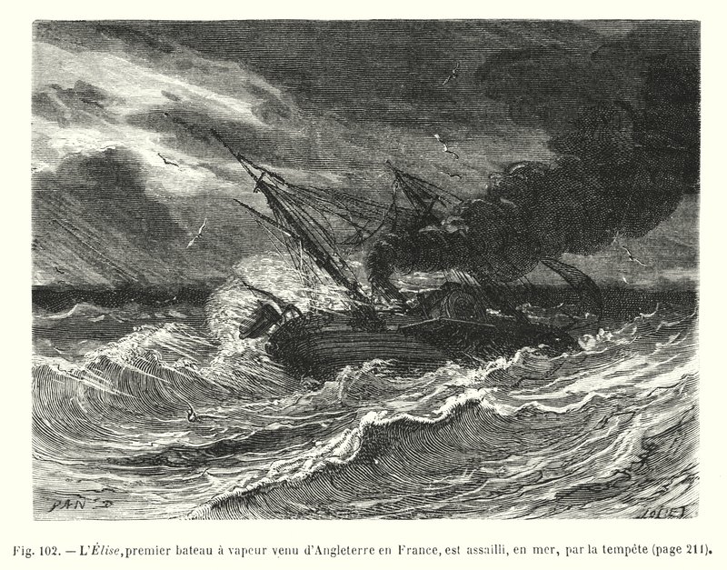 The Elise, First Steamship from England to France, Attacked by a Storm at Sea (engraving) by European School