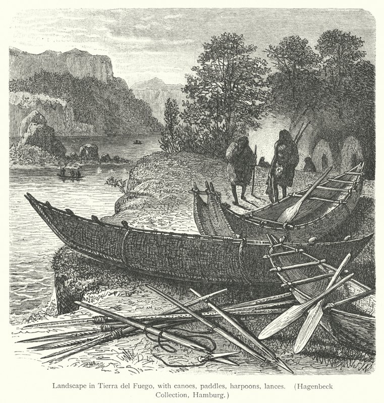 Landscape in Tierra del Fuego, with canoes, paddles, harpoons, lances by European School