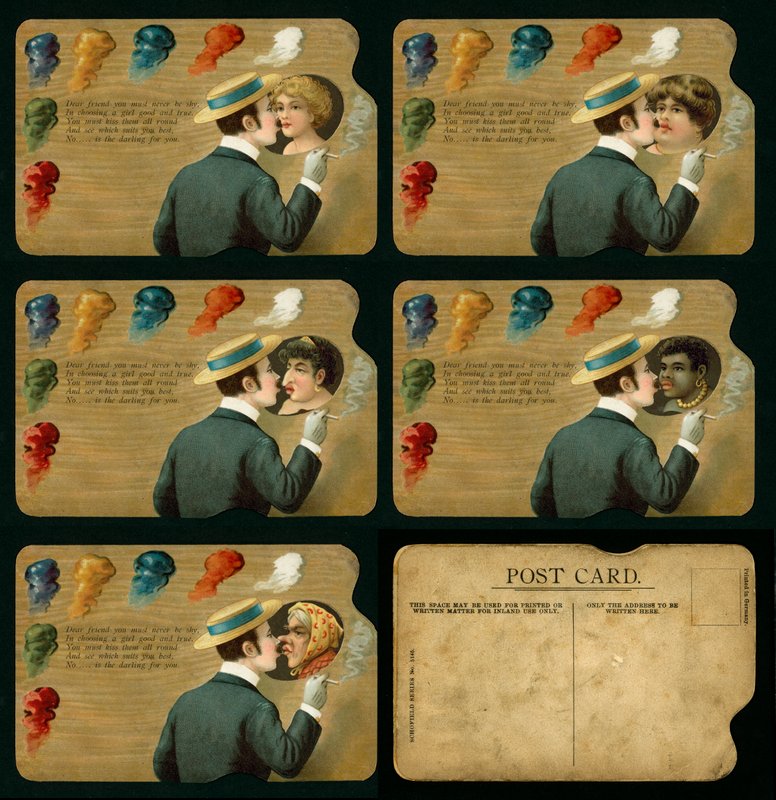 Novelty Postcard Showing Man Kissing Five Different Girls by European School