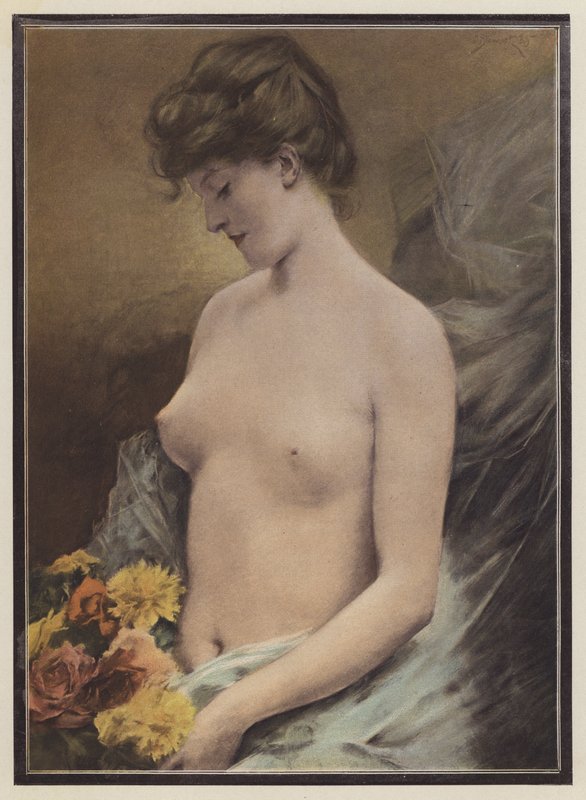 Nude woman with flowers by European School