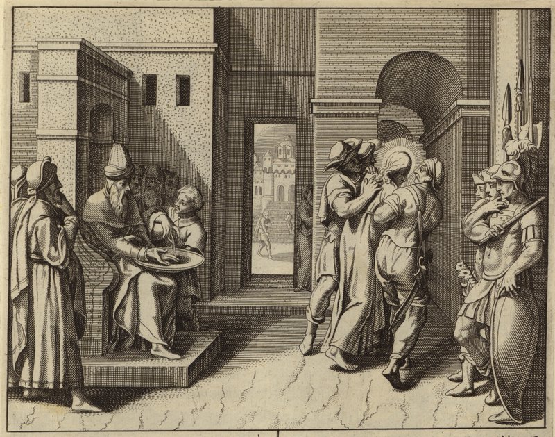Pontius Pilate Washing His Hands After Jesus Christ is Sentenced to Death by European School