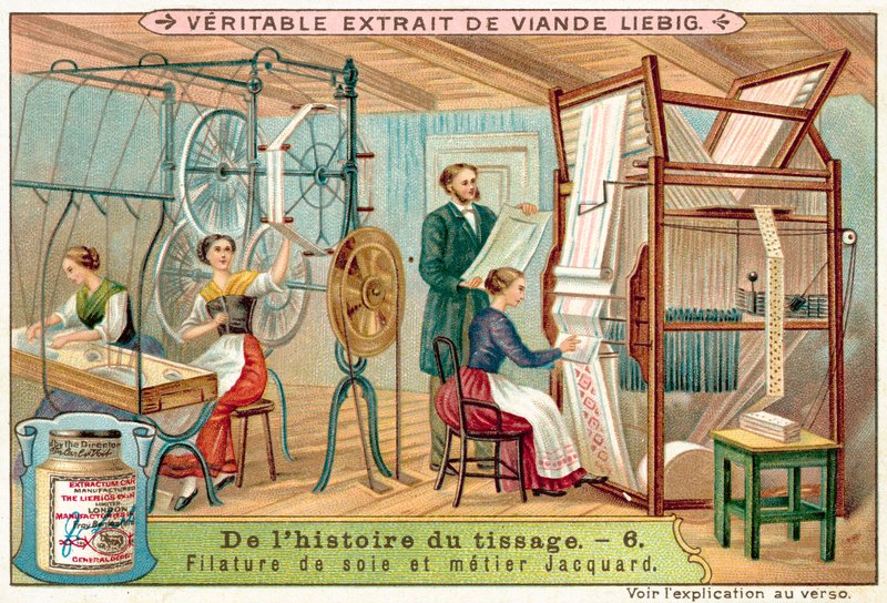 Spinning silk and a Jacquard loom by European School