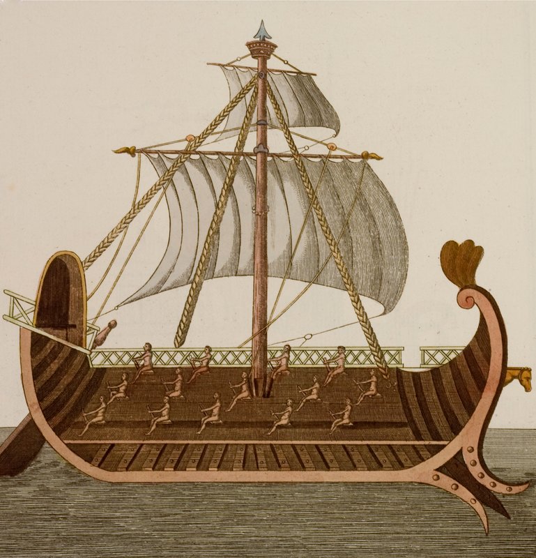 Trireme, warship used by the ancient Phoenicians, Greeks and Romans by European School