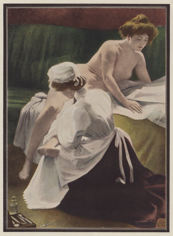 Woman being dried by her maid by European School