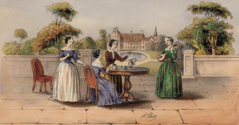 Women drinking tea or coffee in the garden of a country house by European School