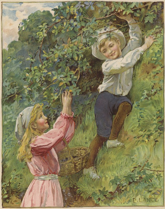 A young girl and a young boy picking blackberries by Eveline Lance