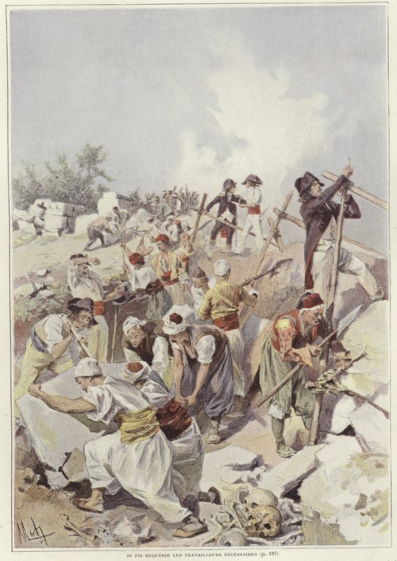 Soldiers and civilians building a barricade by Felicien baron de Myrbach Rheinfeld
