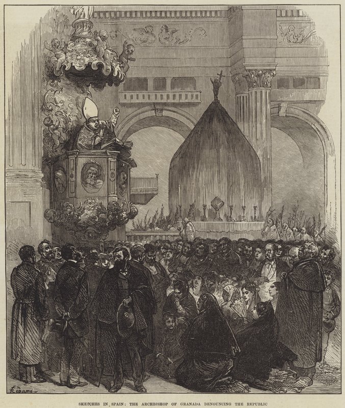 Sketches in Spain, the Archbishop of Granada denouncing the Republic by Felix Regamey