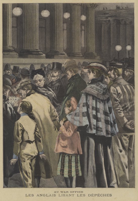 Members of the British public reading news of the Boer War outside the War Office, London by Fortune Louis Meaulle