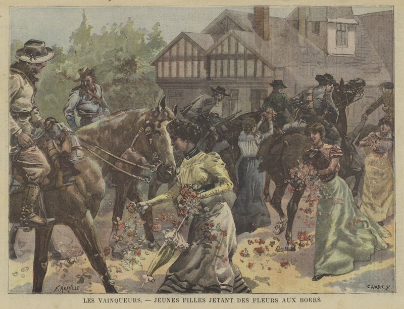 Young girls throwing flowers at victorious Boer troops in South Africa by Fortune Louis Meaulle
