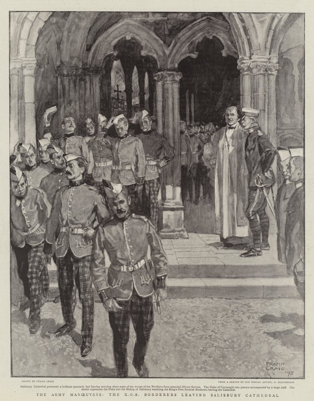 The Army Manoeuvres, the KOS Borderers leaving Salisbury Cathedral by Frank Craig