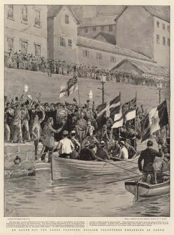 En Route for the Greek Frontier, English Volunteers Embarking at Corfu by Frank Dadd