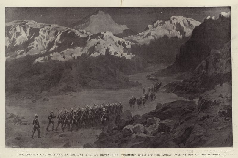 The Advance of the Tirah Expedition, the 1st Devonshire Regiment Entering the Kohat Pass at 3:30 AM on 10 October by Frank Dadd